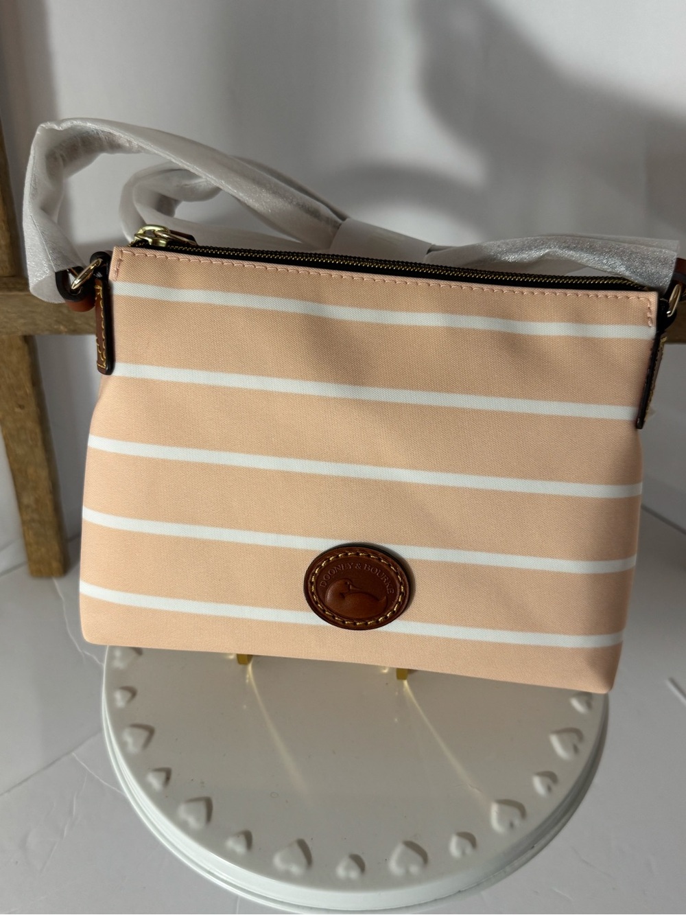 Dooney & Bourke Peach and White Striped Canvas & brown leather Crossbody Bag NWT